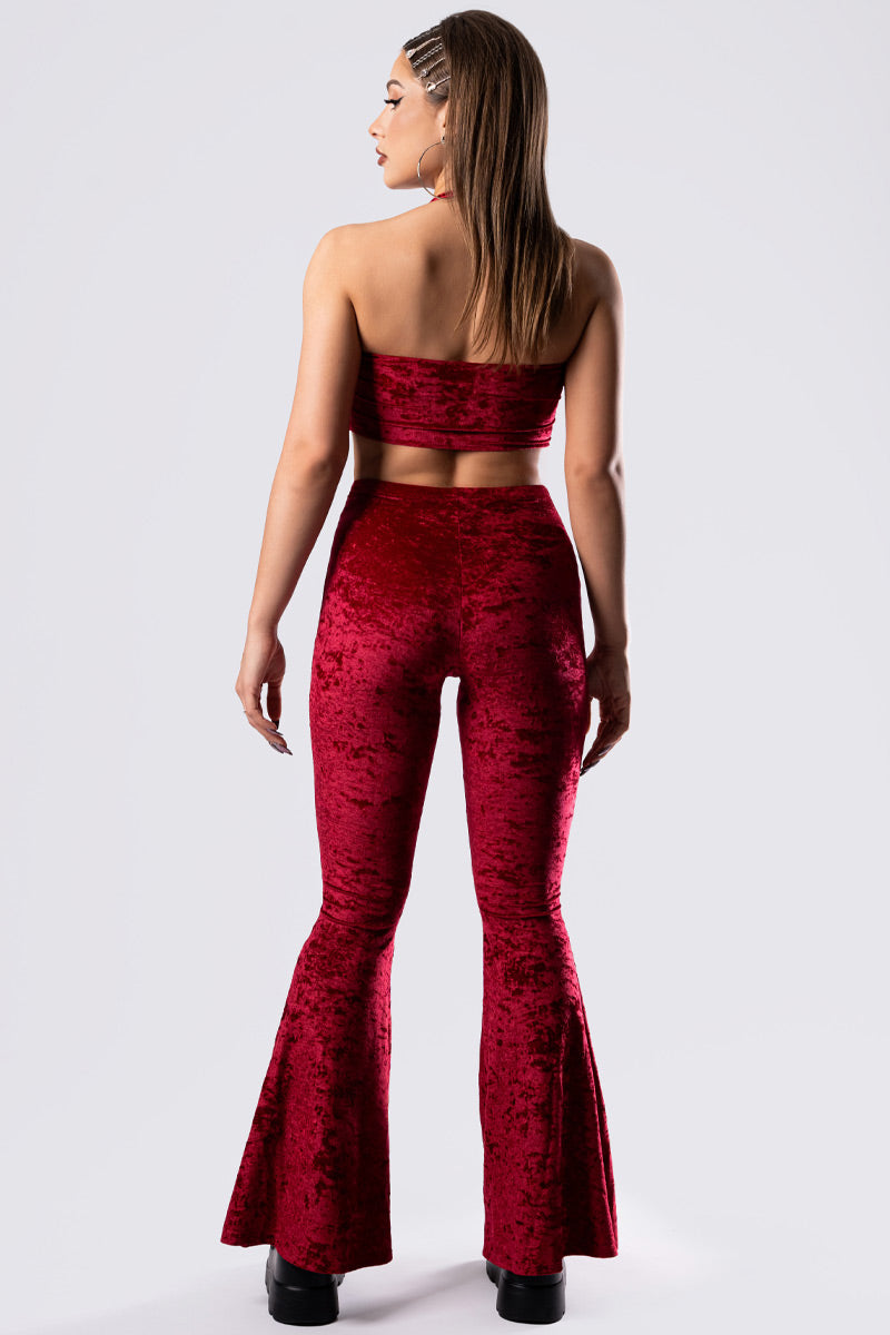 Crimson Kiss Flare Pants – Red Velvet High Waisted Flares for Women, L