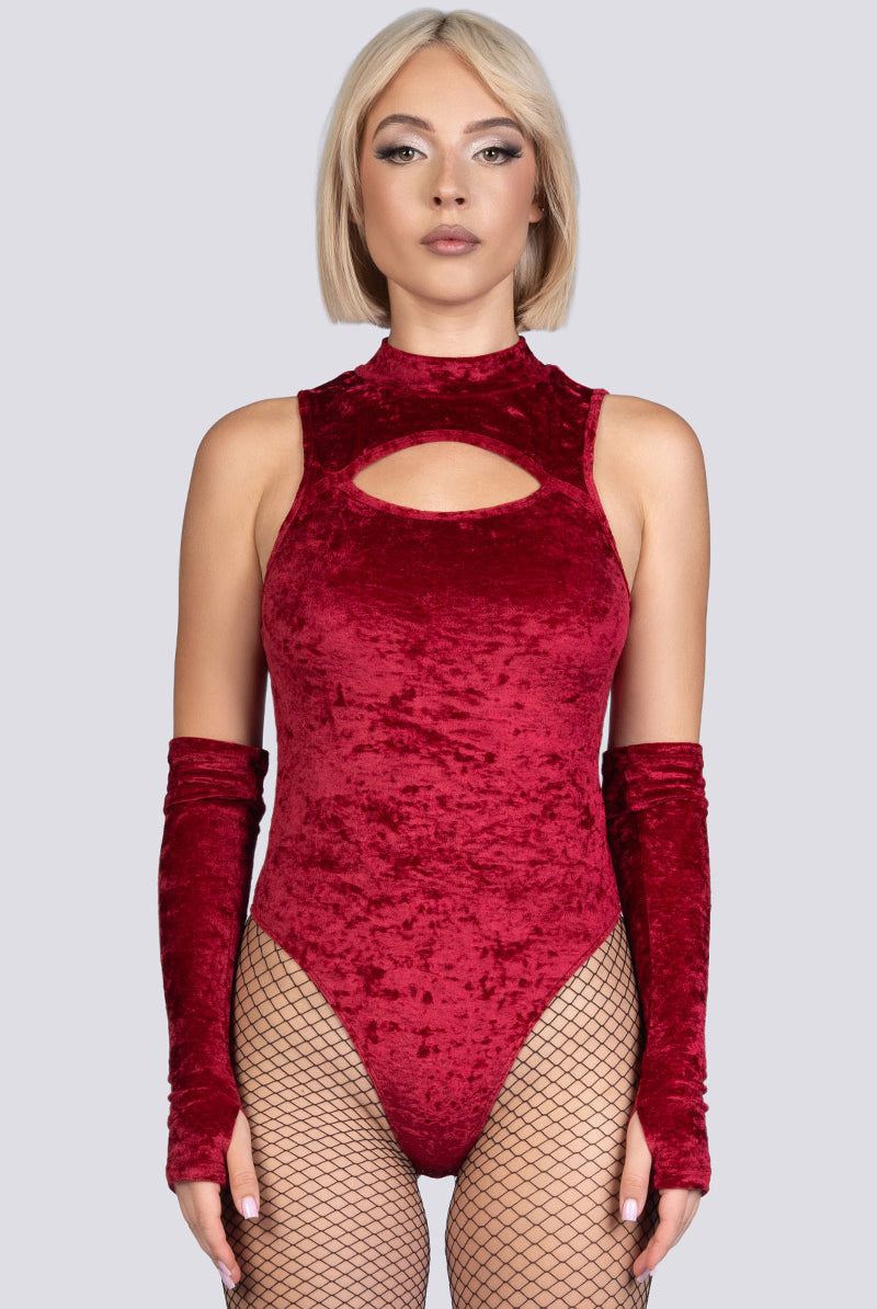 Crimson Kiss High-Neck Keyhole Bodysuit - Red Velvet Stripper Outfit