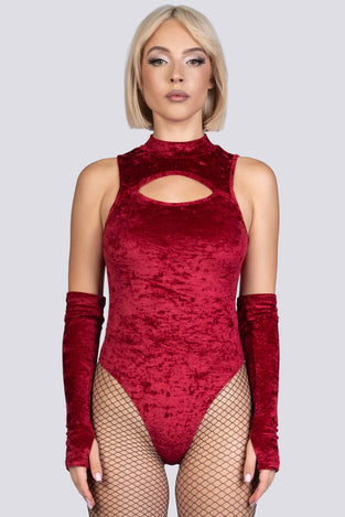 Crimson Kiss High-Neck Keyhole Bodysuit - Red Velvet Stripper Outfit