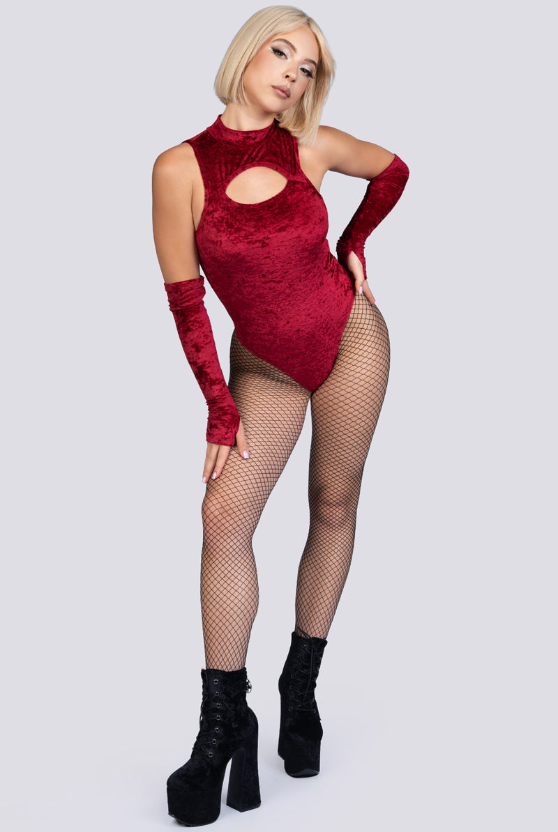 Crimson Kiss High-Neck Keyhole Bodysuit - Red Velvet Stripper Wear