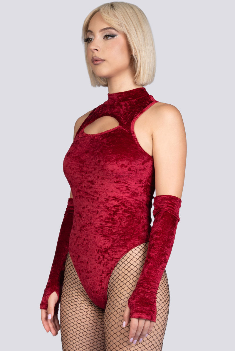 Crimson Kiss High-Neck Keyhole Bodysuit - Red Velvet Pole Wear