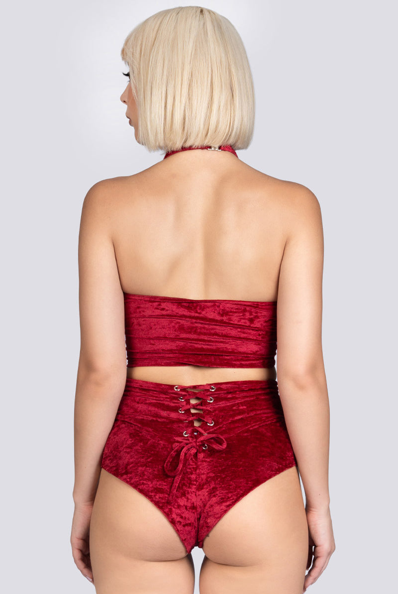 Crimson Kiss High Waisted Lace Up Shorts - Red Velvet Pole Wear