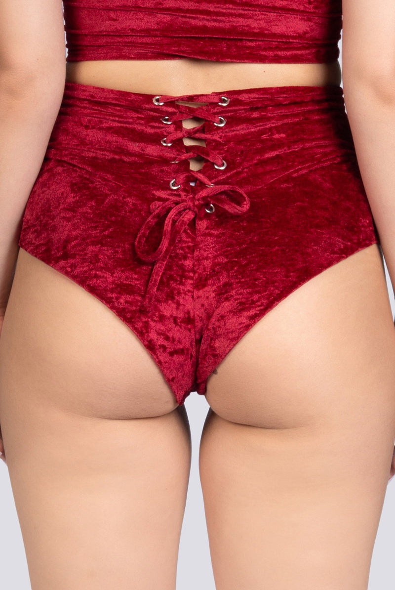Crimson Kiss High Waisted Lace Up Shorts - Red Velvet Stripper Outfit