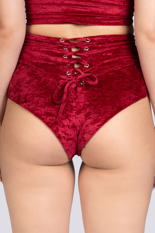 Crimson Kiss High Waisted Lace Up Shorts - Red Velvet Stripper Outfit