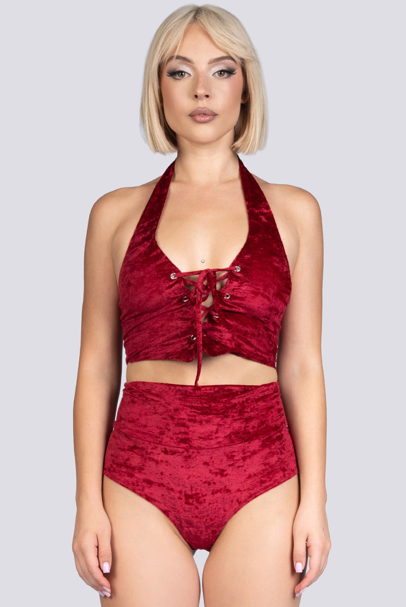 Crimson Kiss High Waisted Lace Up Shorts - Red Velvet Dancewear