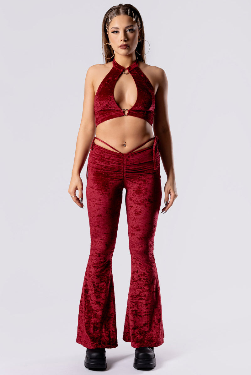 crimson-kiss-hip-strap-flare-pants-red-velvet-front-view