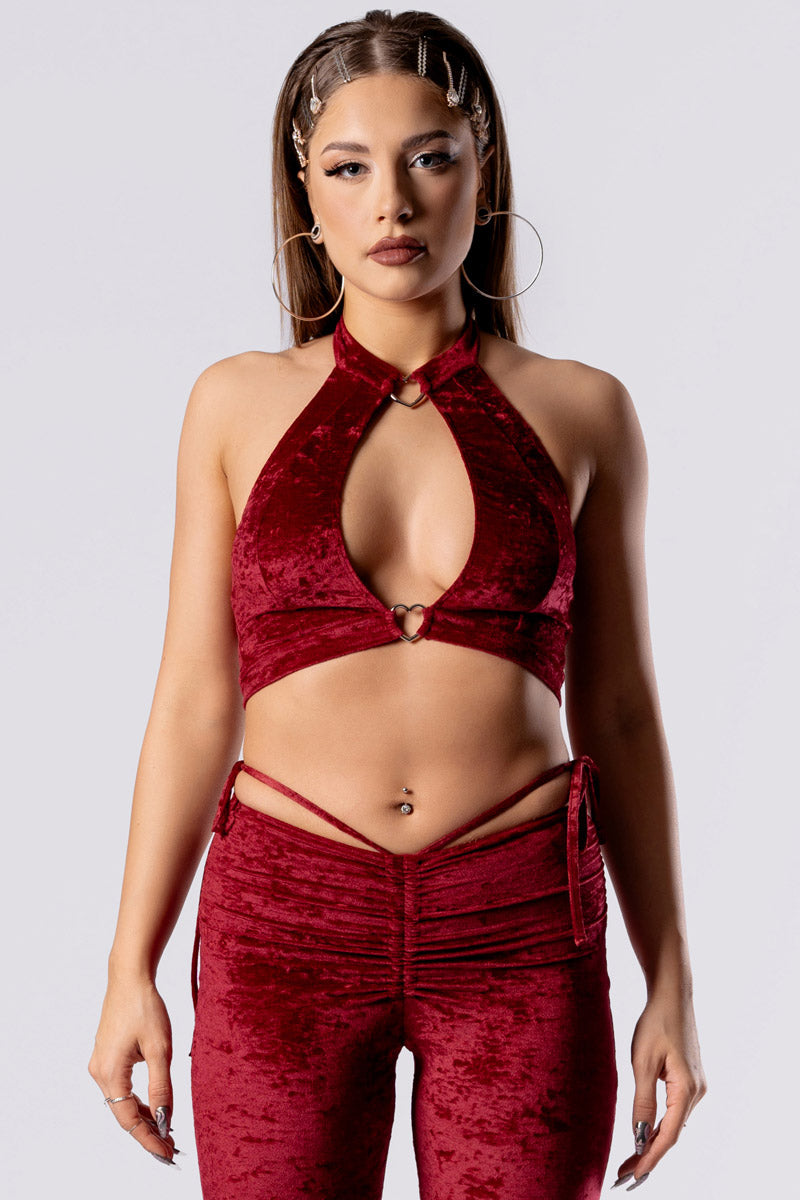 crimson-kiss-hip-strap-flare-pants-set-red-velvet-front-view