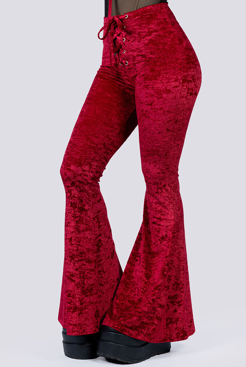 Crimson Kiss Lace Up Flare Pants Close Up Goth Clothing