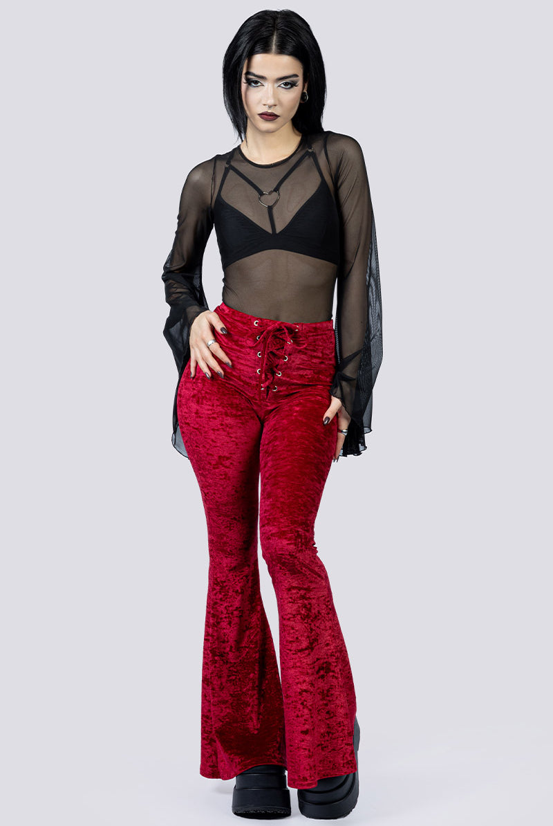 Crimson Kiss Lace Up Flare Pants Front Goth Wear