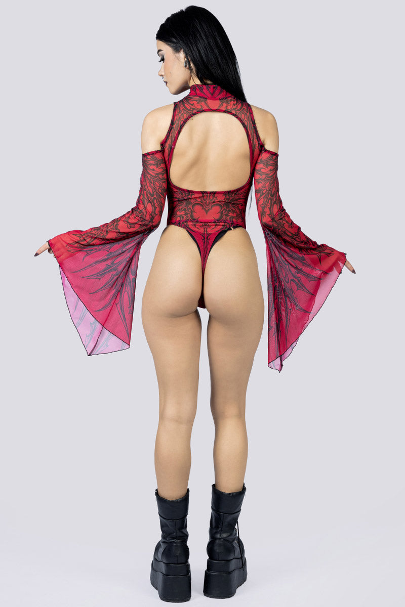 Crimson Succubus Sheer Cold Sholder Bodysuit Back Goth Fashion