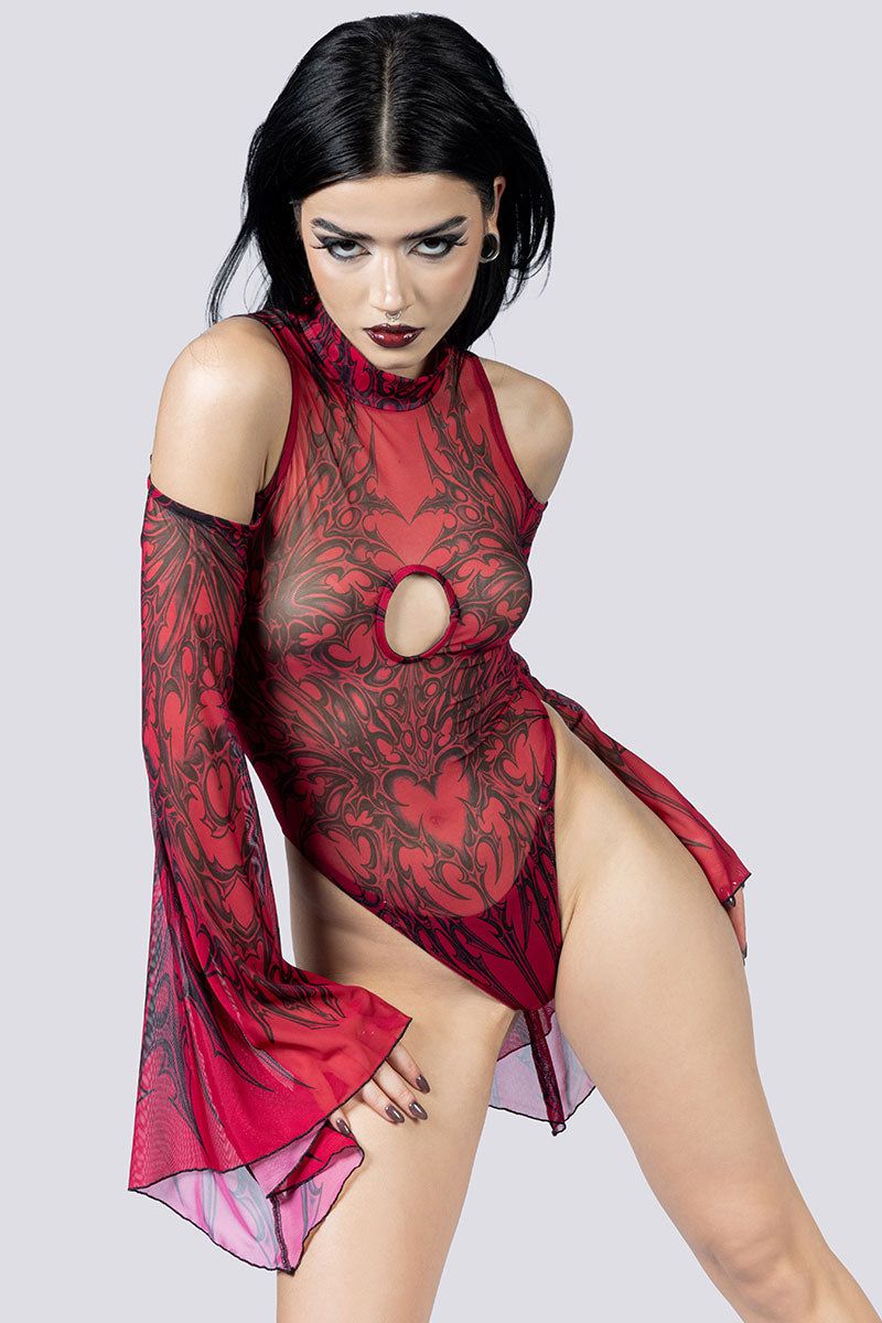 Crimson Succubus Sheer Cold Sholder Bodysuit Close Up Goth Clothing