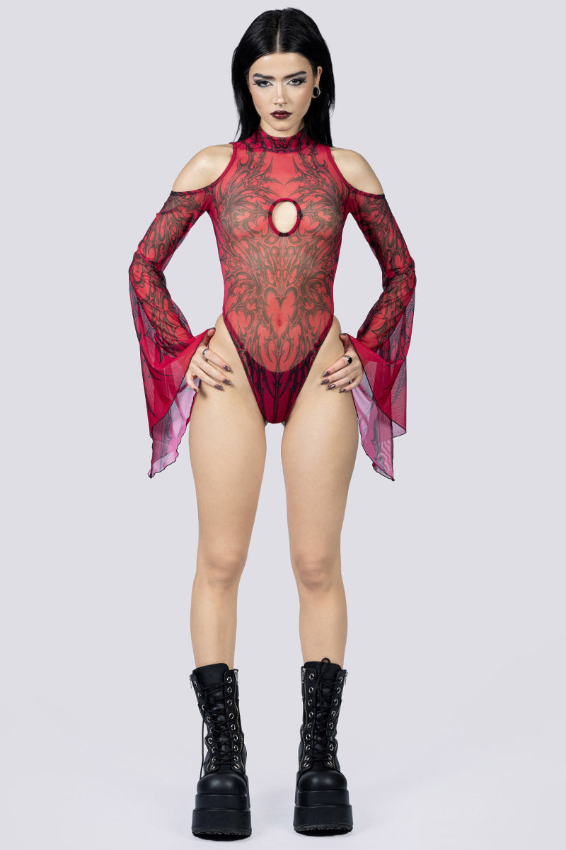 Crimson Succubus Sheer Cold Sholder Bodysuit Front Goth Wear
