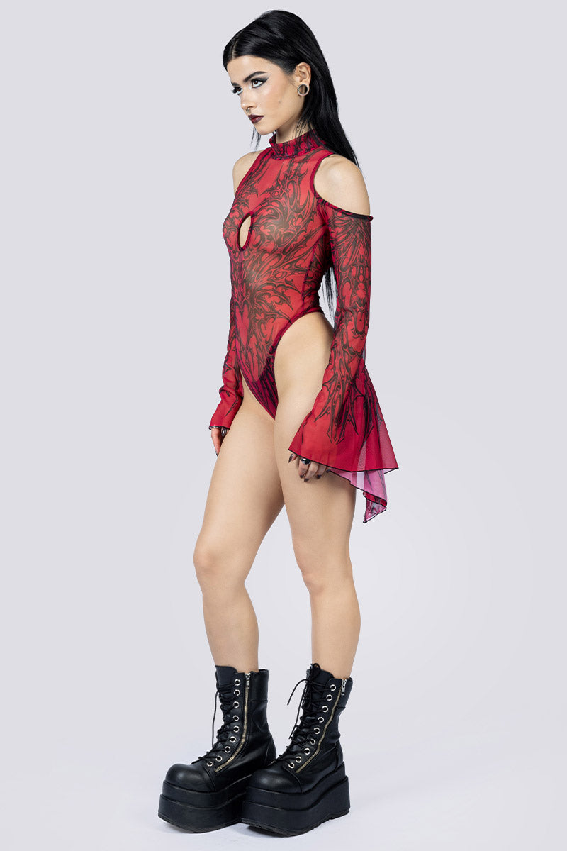 Crimson Succubus Sheer Cold Sholder Bodysuit Side Gothic Clothing