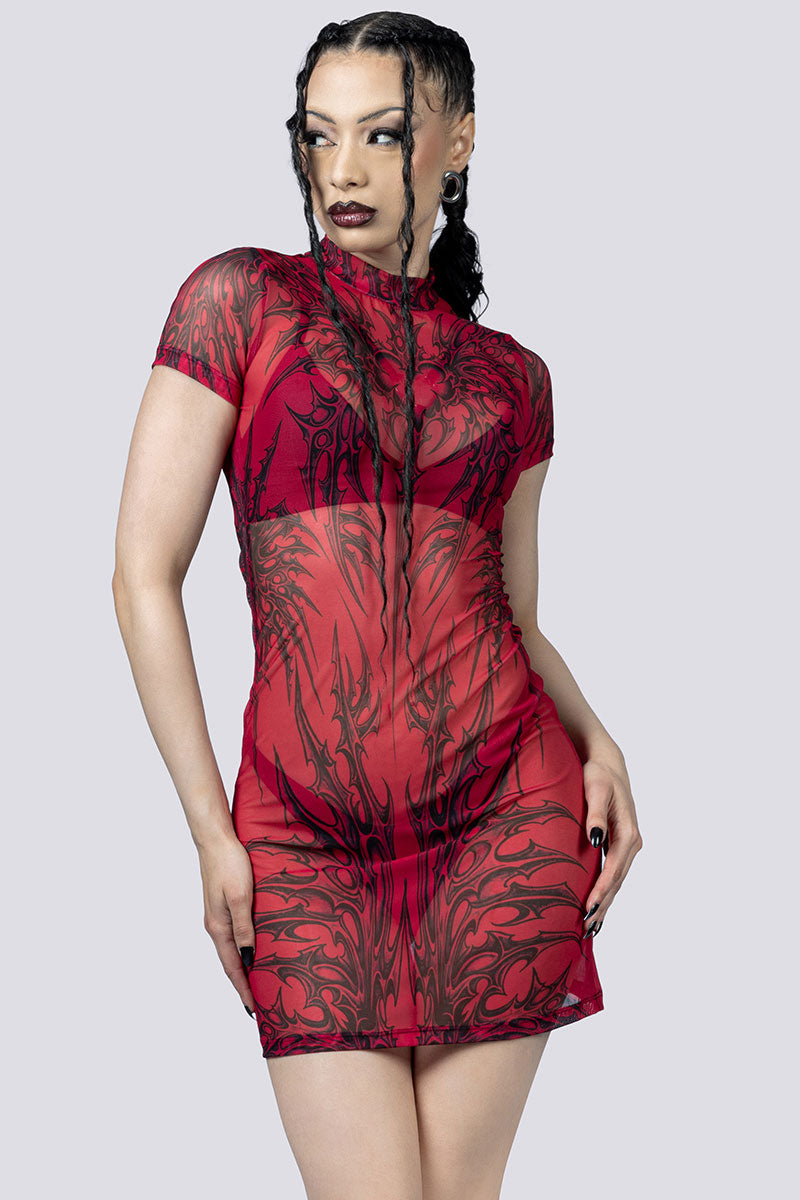 Crimson Succubus Sheer Mini Dress Close Up Goth Clothing