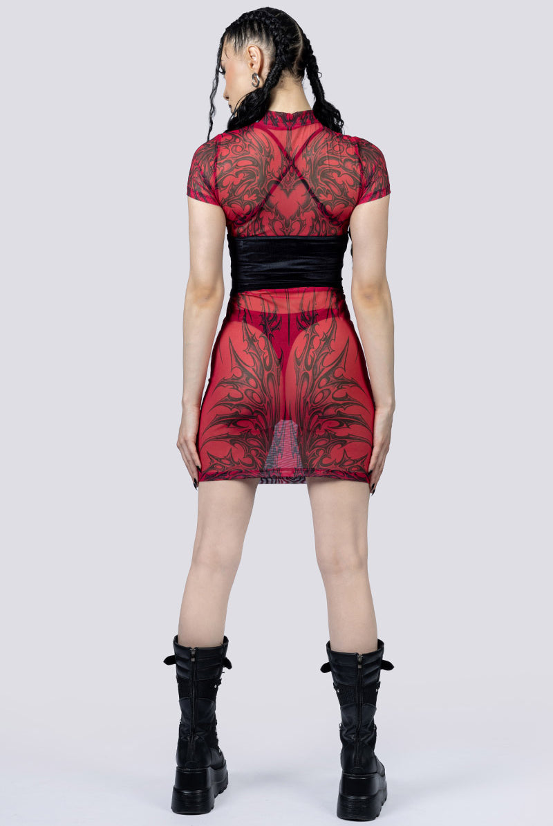 Crimson Succubus Sheer Mini Dress Corset Back Gothic Clothes