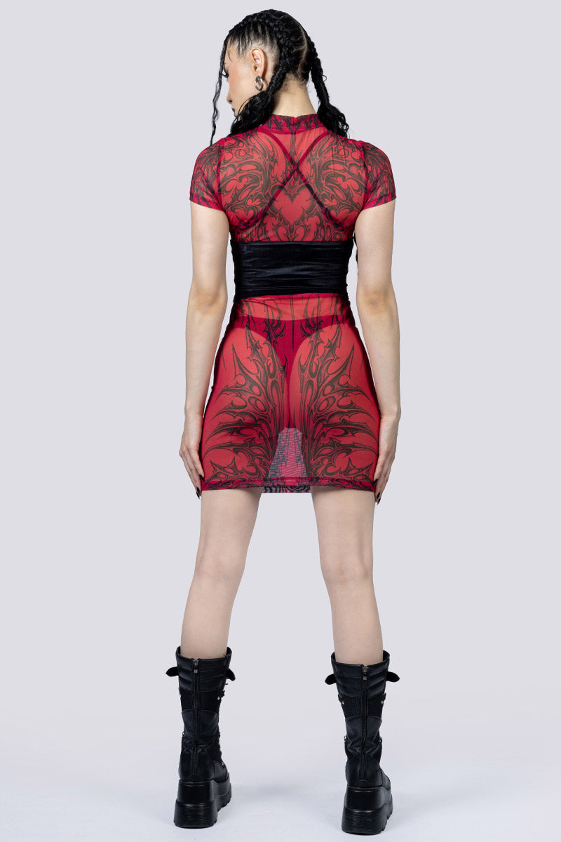Crimson Succubus Sheer Mini Dress Corset Back Gothic Clothes