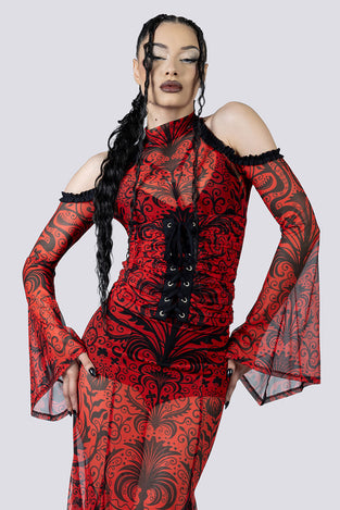 Crimson Temptress Long Sleeve Corset Top Close Up Goth Clothing