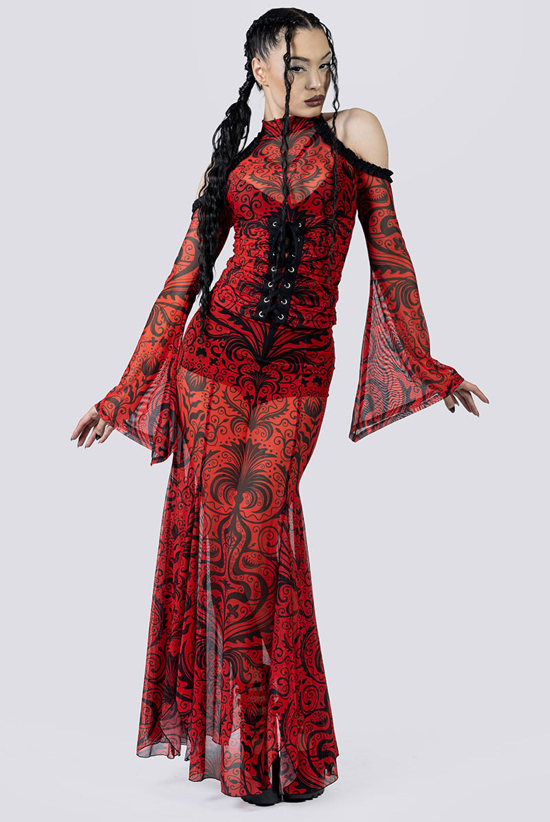 Crimson Temptress Long Sleeve Corset Top Full Body Goth Wear