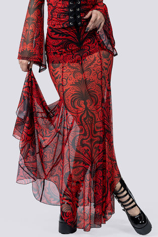 Crimson Temptress Sheer Maxi Skirt Close Up Goth Clothing