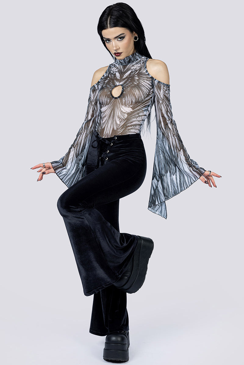 Crows Call Sheer Cold Sholder Bodysuit Pants Side Gothic Clothes