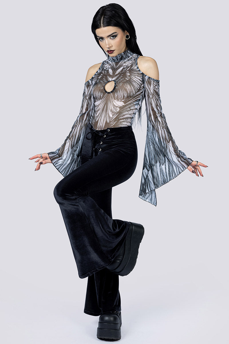 Crows Call Sheer Cold Sholder Bodysuit Pants Side Gothic Clothes
