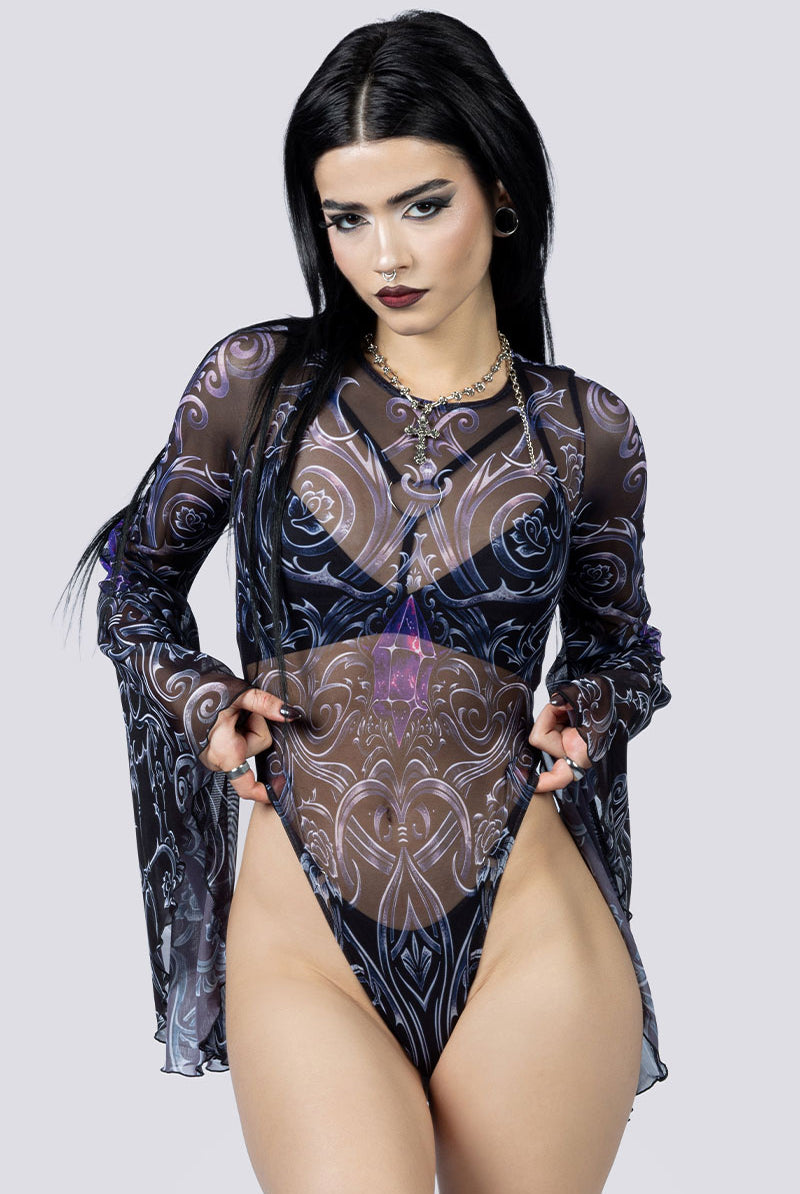 Cursed Amethyst Sheer Bell Sleeve Bodysuit Close Up Goth Clothing