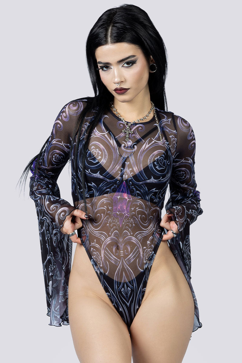 Cursed Amethyst Sheer Bell Sleeve Bodysuit Close Up Goth Clothing