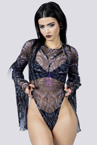 Cursed Amethyst Sheer Bell Sleeve Bodysuit Close Up Goth Clothing