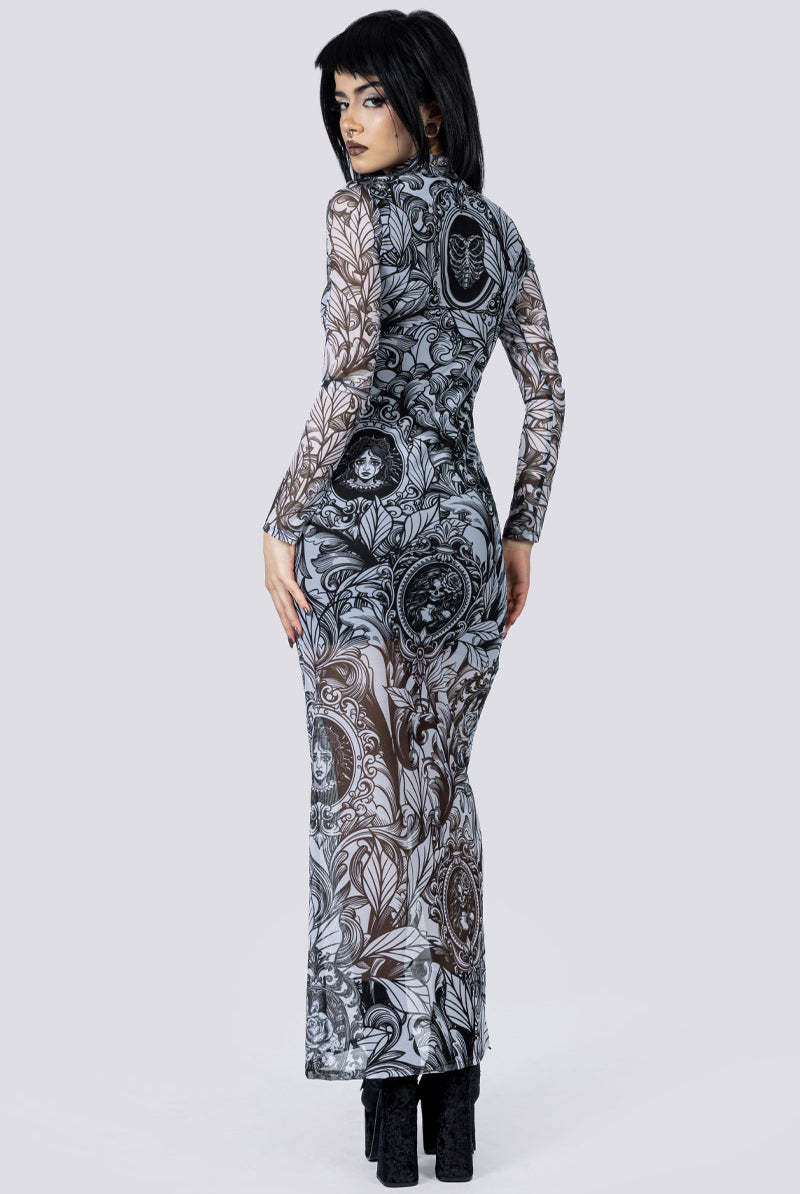Cursed Portrait Mesh Long Sleeve Dress Back Goth Fashion