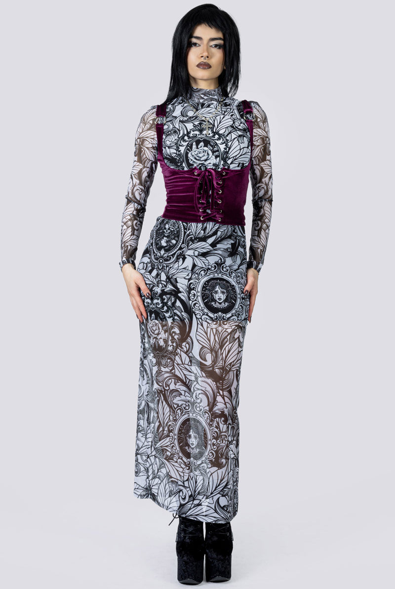 Cursed Portrait Mesh Long Sleeve Dress Corset Front Gothic Clothing