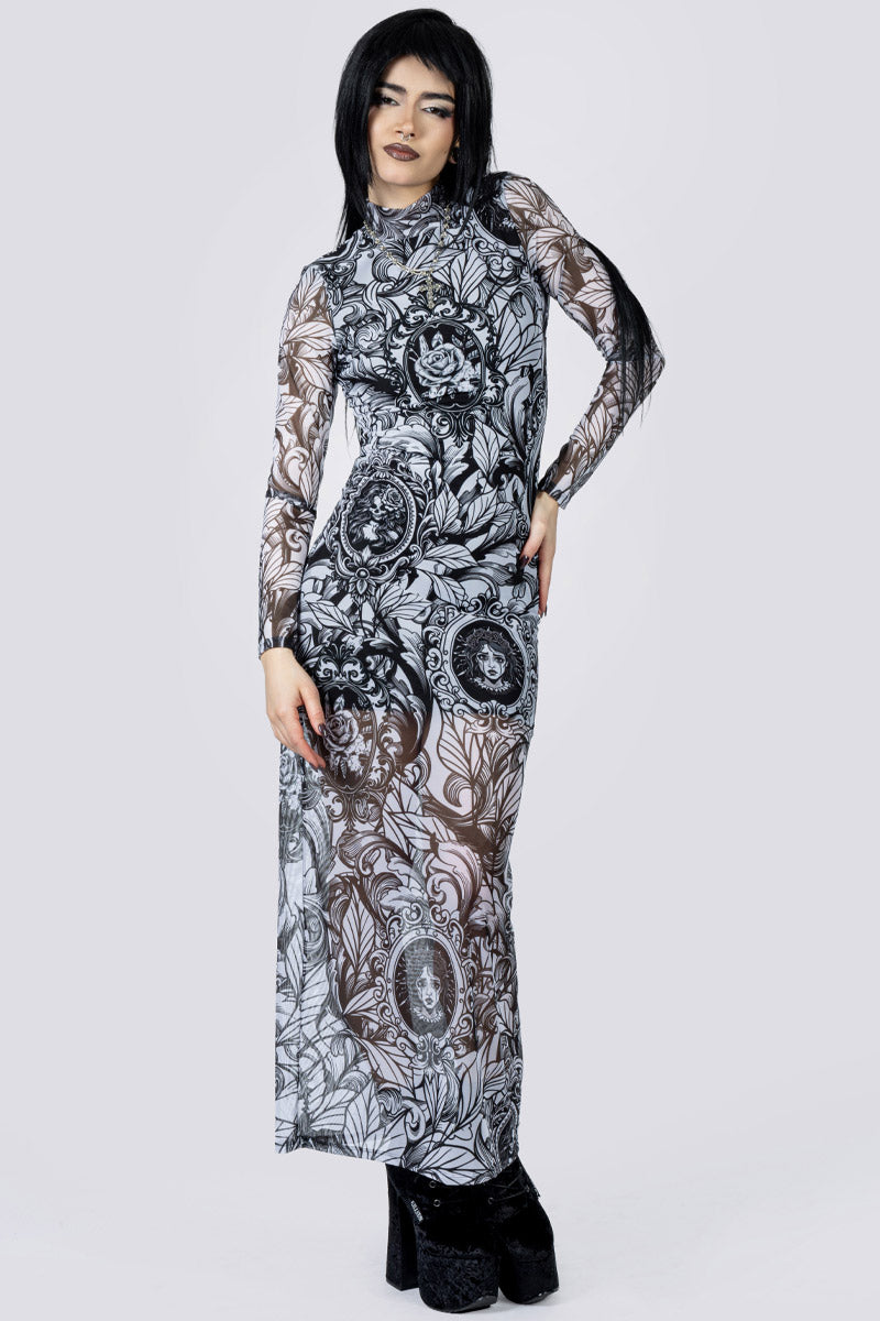 goth mesh dress Black Gothic Cross Mesh Fishtail Maxi Dress Gown