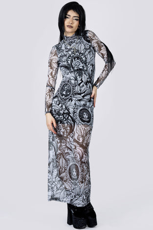 Cursed Portrait Mesh Long Sleeve Dress Front Goth Clothing