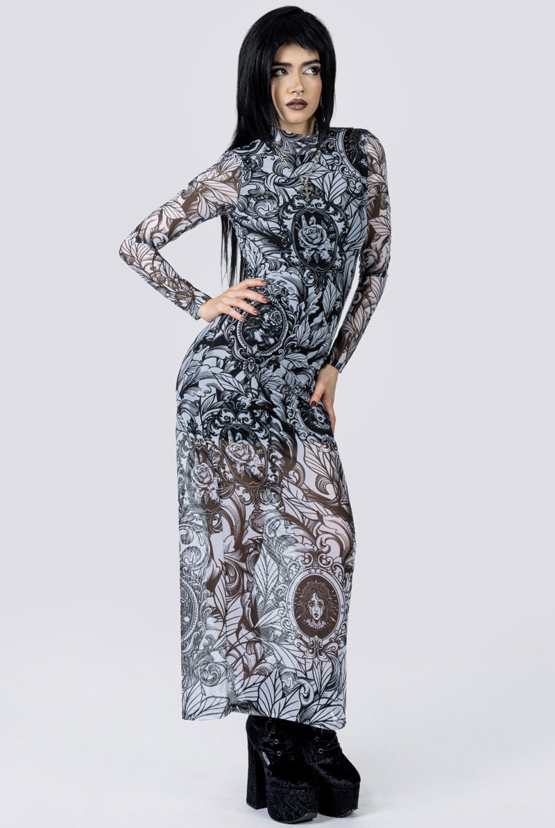 Cursed Portrait Mesh Long Sleeve Dress Full Body Goth Wear