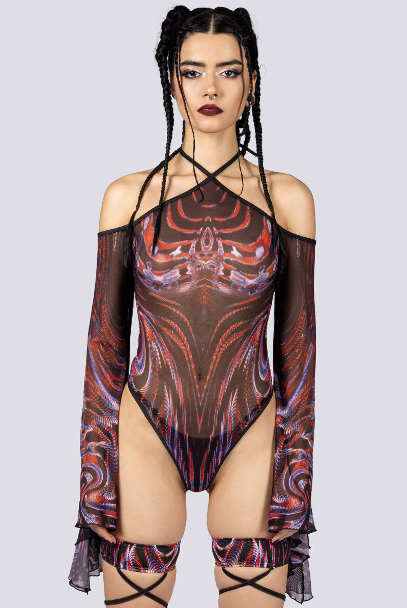 Dark Desire Sheer Bell Sleeve Bodysuit Close Front View