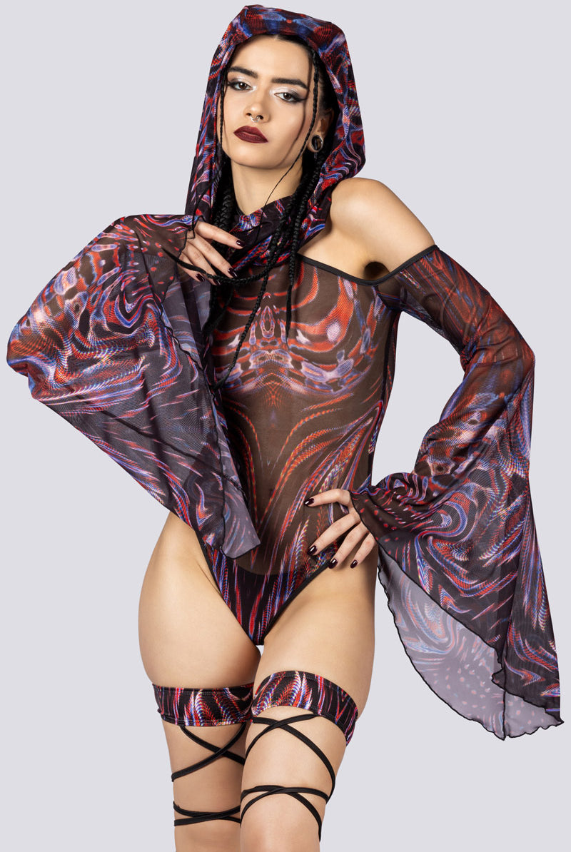 Dark Desire Sheer Bell Sleeve Bodysuit Close Full View