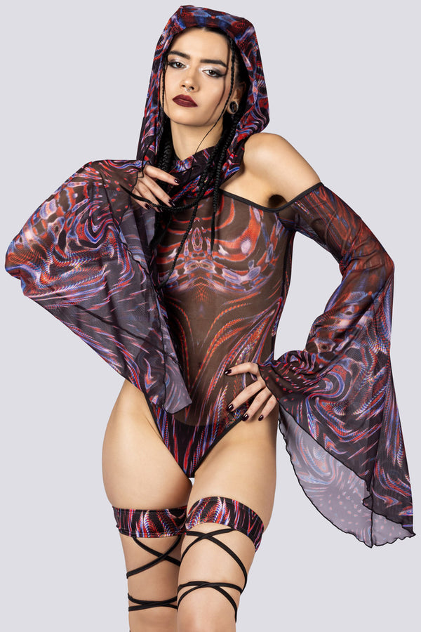 Rave Outfit Dark Desire Sheer Bell Sleeve Bodysuit Close Full View