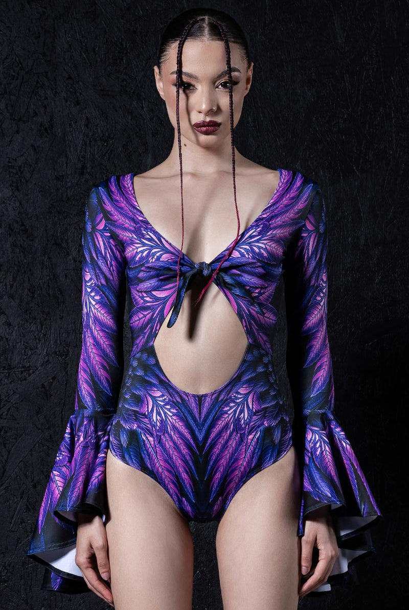 Dark Fairy Tie Front Bell Sleeve Bodysuit Front View