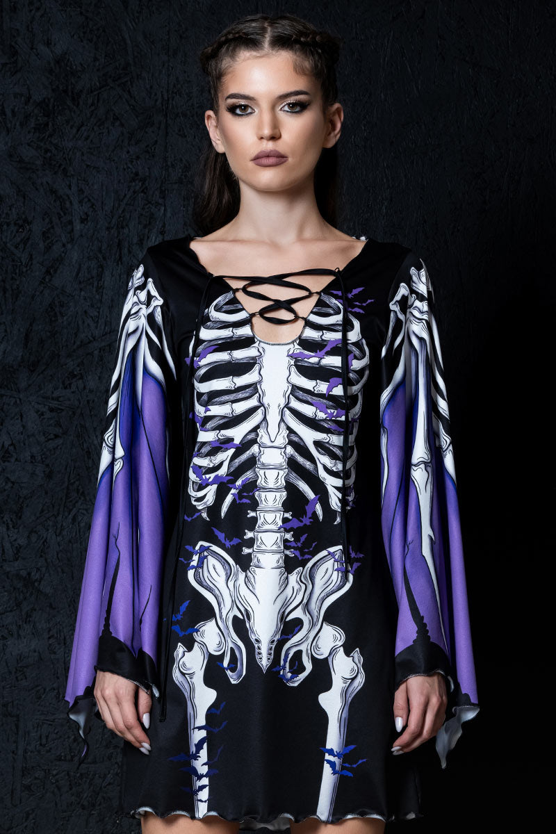 Darkwing Skeleton Bell Sleeve Dress Front View