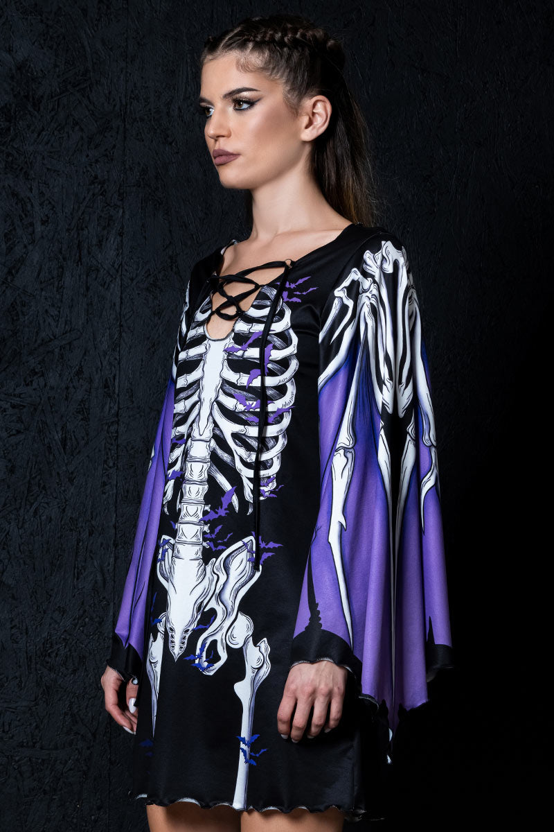 Darkwing Skeleton Bell Sleeve Dress Side View