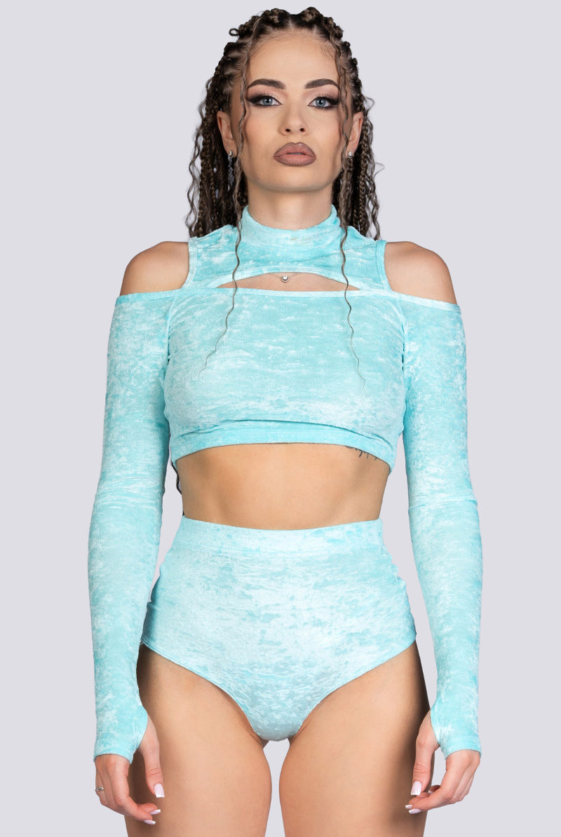 Daydream Cold Shoulder Crop Top - Light Blue Velvet Stripper Outfit
