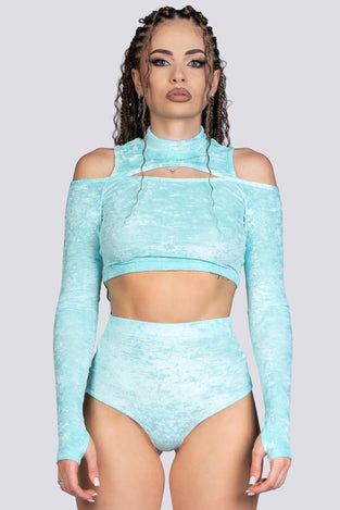 Daydream Cold Shoulder Crop Top - Light Blue Velvet Stripper Outfit