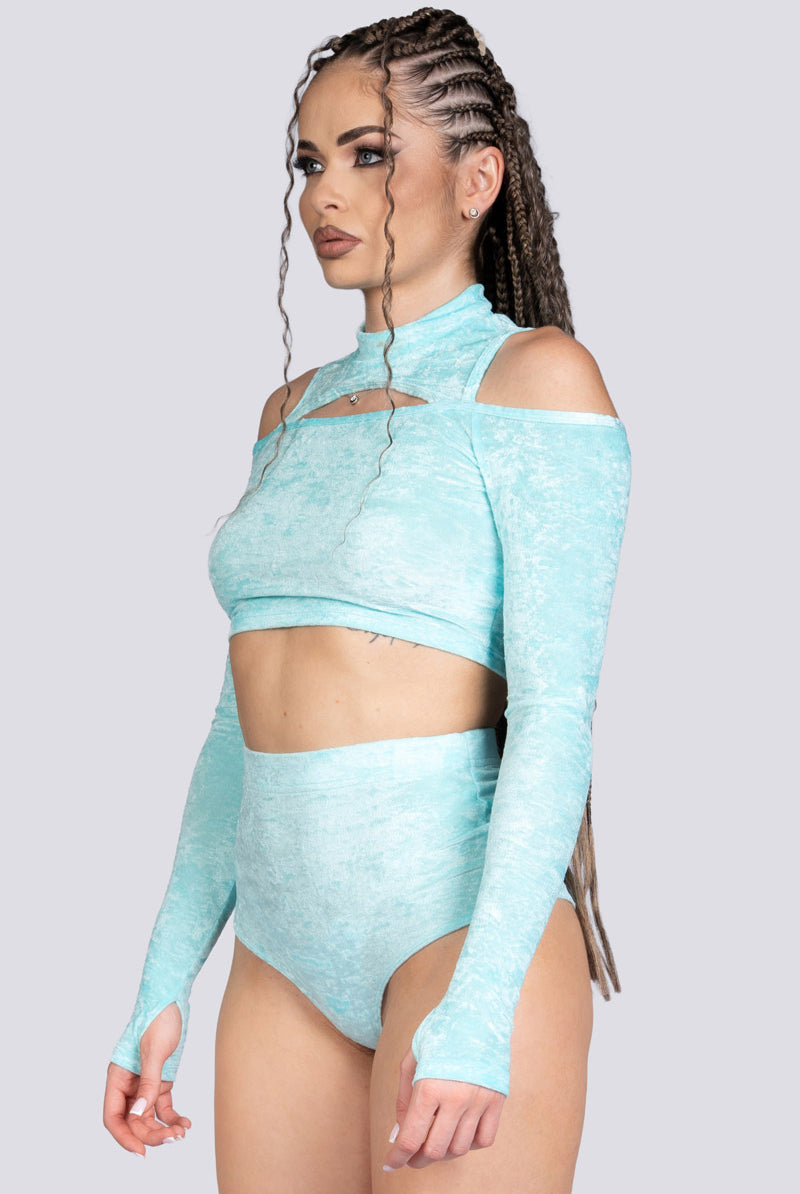 Daydream Cold Shoulder Crop Top - Light Blue Velvet Stripper Wear