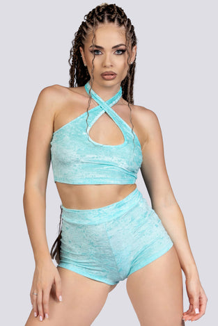Daydream Criss Cross Halter Top - Light Blue Velvet Stripper Outfit