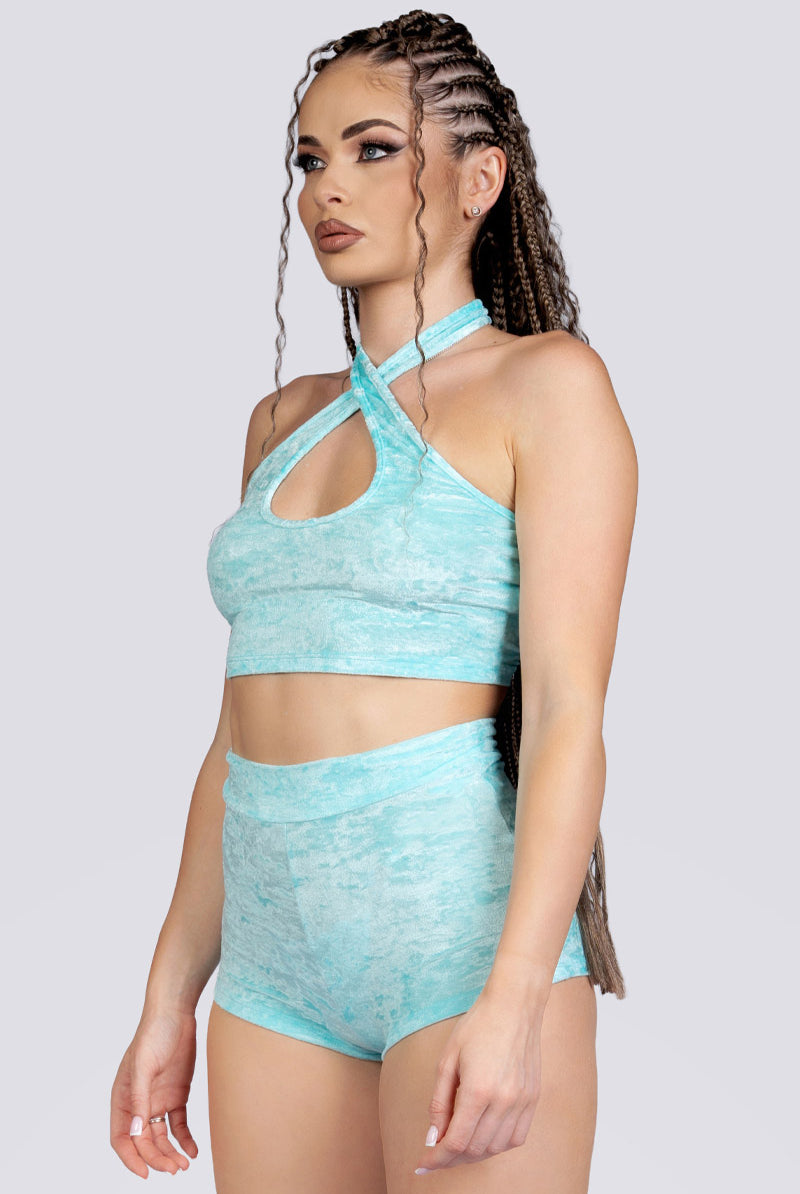 Daydream Criss Cross Halter Top - Light Blue Velvet Stripper Wear