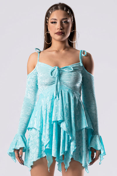 Daydream Blue Velvet Fairy Dress  Long Sleeve Velvet Dress for Party, S