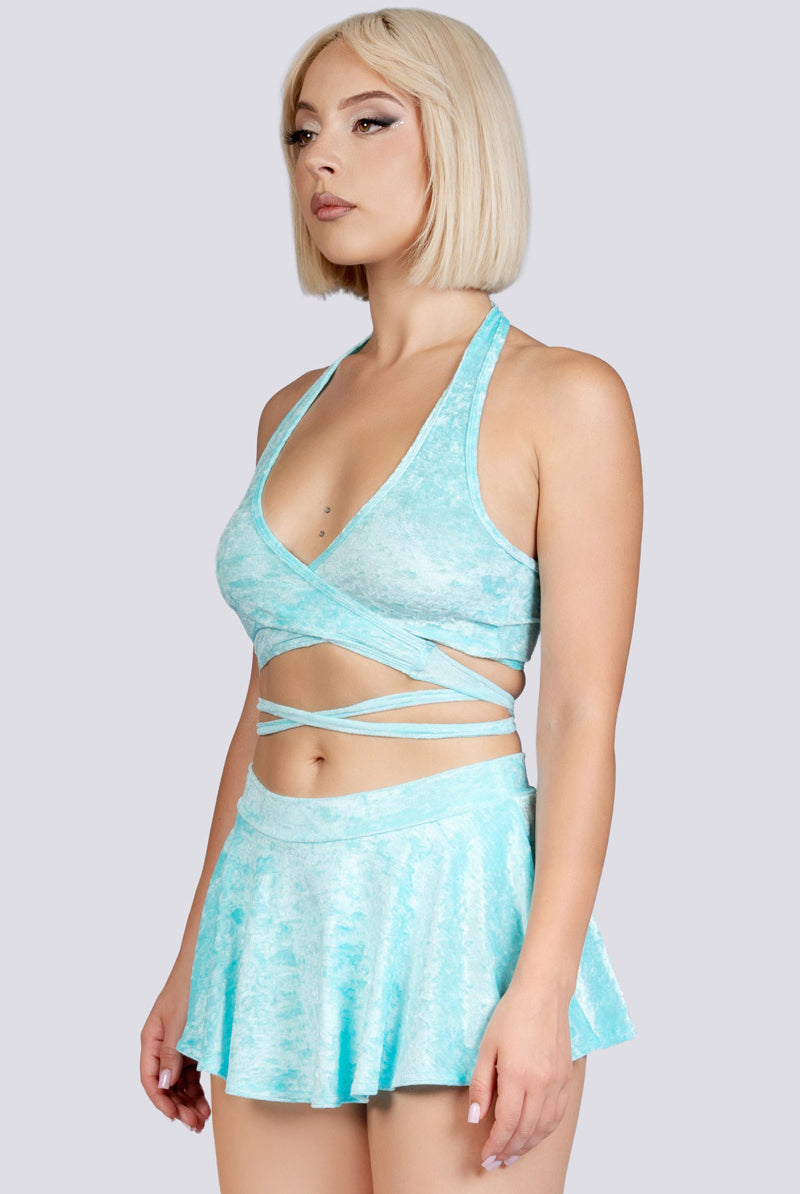 Daydream Halter Wrap Top - Light Blue Velvet Stripper Wear