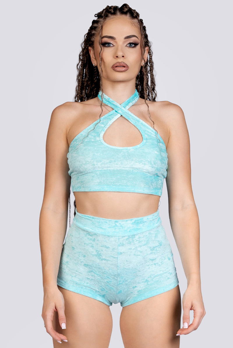 Daydream High Rise Booty Shorts - Light Blue Velvet Stripper Outfit