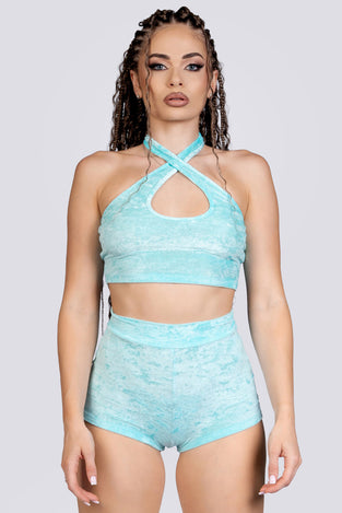 Daydream High Rise Booty Shorts - Light Blue Velvet Stripper Outfit