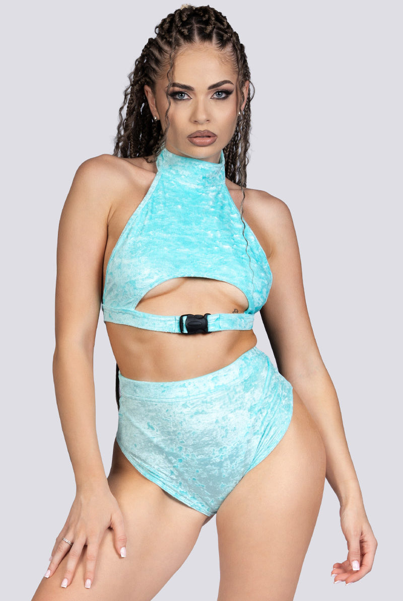 Daydream Underboob Clasp Crop Top - Light Blue Velvet Stripper Outfit