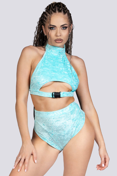 Daydream Underboob Clasp Crop Top - Light Blue Velvet Stripper Outfit